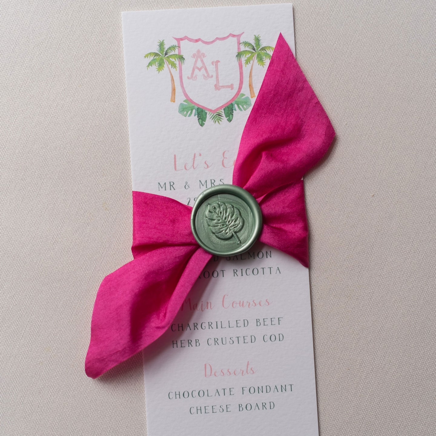 Palm Beach Wedding Menu with ribbon and wax seal